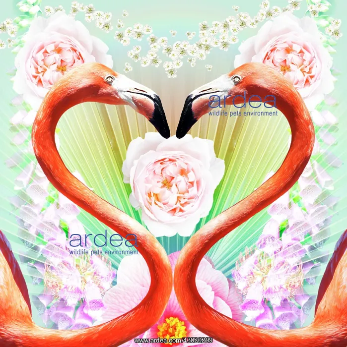 : Flamingo a pair of Flamingos creating a heart shape with Roses : Flamingo a pair of Flamingos creating a heart shape with Roses