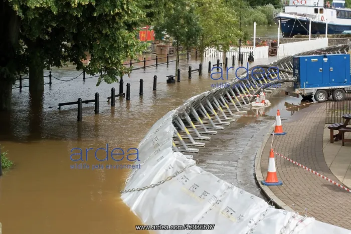  : Flood barriers alongside flooded River Severn in spate