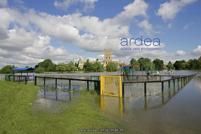 : Flooded childrens playground with Tewkesbury Abbey : Flooded childrens playground with Tewkesbury Abbey
