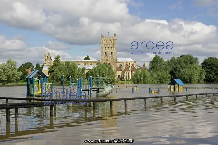 : Flooding - childrens playground underwater with : Flooding - childrens playground underwater with