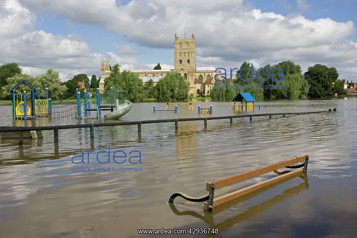 : Flooding - childrens playground underwater with : Flooding - childrens playground underwater with