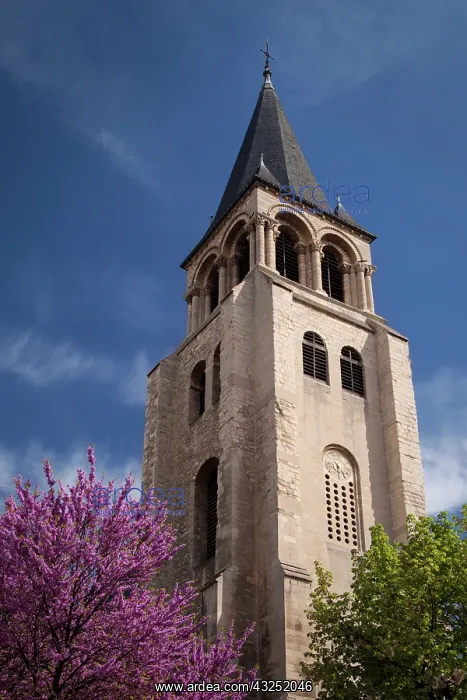 : Flowering trees at the base of Eglise Saint : Flowering trees at the base of Eglise Saint