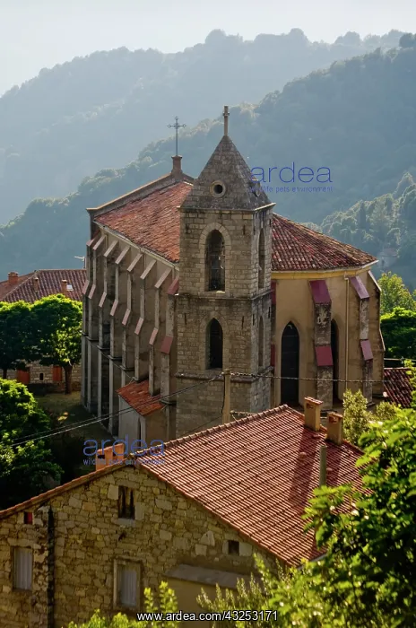 : France, Corsica. Church and house in mountain : France, Corsica. Church and house in mountain