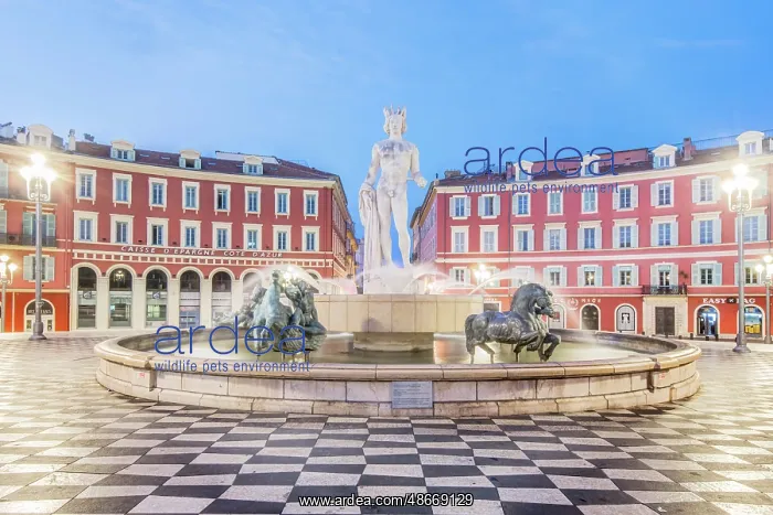 : France, Cote d Azur, Nice. Sun Fountain at Place Massena : France, Cote d Azur, Nice. Sun Fountain at Place Massena