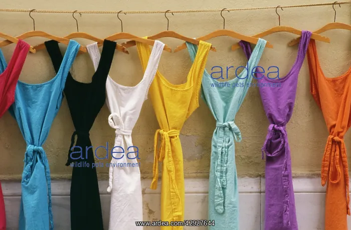 : FRANCE - Multi coloured dresses hanging in a row : FRANCE - Multi coloured dresses hanging in a row