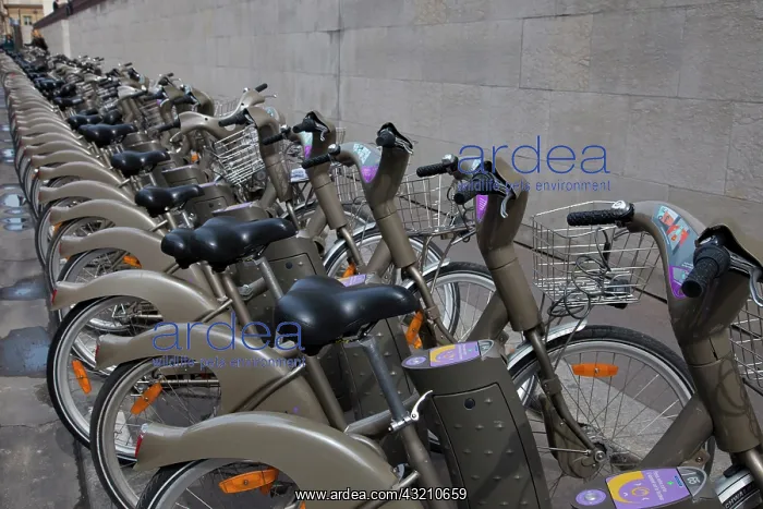 : France, Paris. Line of bicycles for rent : France, Paris. Line of bicycles for rent
