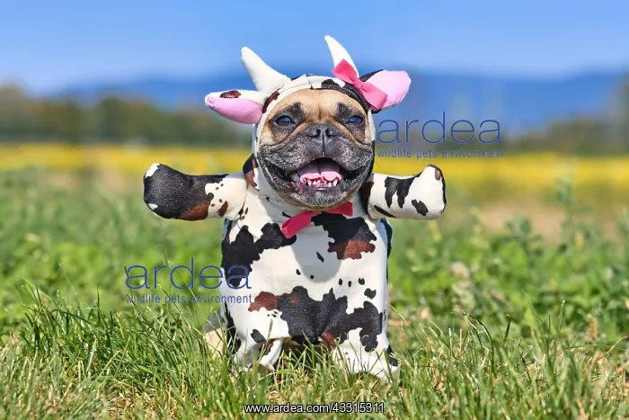: French Bulldog dog in funny Cow costume : French Bulldog dog in funny Cow costume