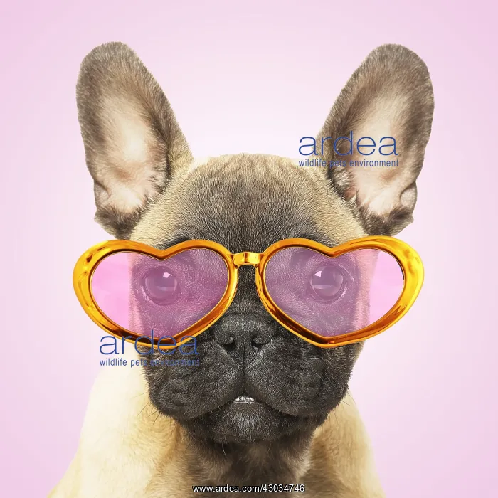: French Bulldog puppy wearing heart glasses on : French Bulldog puppy wearing heart glasses on