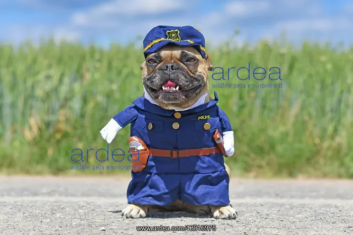 : Funny French Bulldog dog in police officer costume : Funny French Bulldog dog in police officer costume