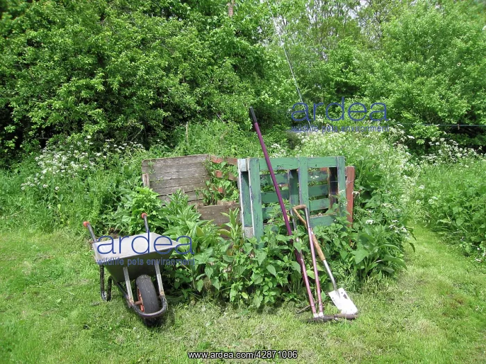 : Garden compost area with wheelbarrow and tools : Garden compost area with wheelbarrow and tools