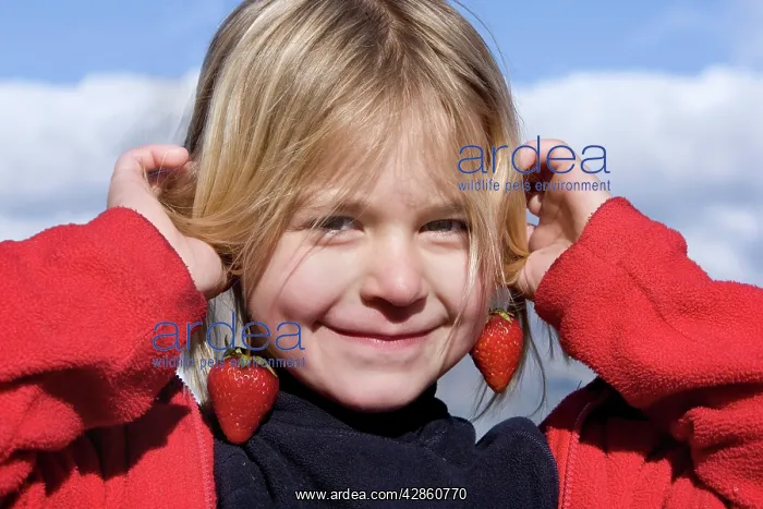 : Girl - with strawberries held up as earrings : Girl - with strawberries held up as earrings