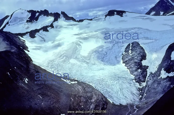 : Glacier. A mountain glacier showing snow accumulation : Glacier. A mountain glacier showing snow accumulation