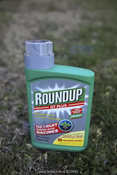 : Glyphosate (Roundup) weed killer bottle in a garden : Glyphosate (Roundup) weed killer bottle in a garden