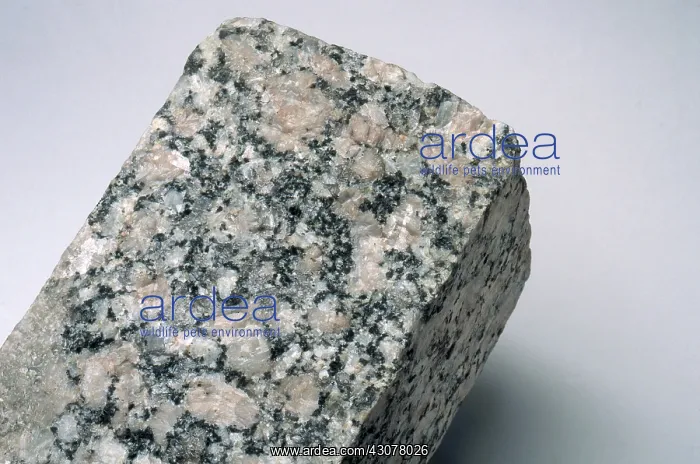 : Granite. Sample of granite, showing its component minerals of quartz, feldspar, mica : Granite. Sample of granite, showing its component minerals of quartz, feldspar, mica