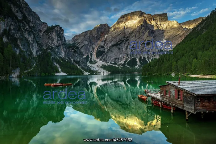 : Green mountain lake with boats and boathouse, Seekogel : Green mountain lake with boats and boathouse, Seekogel