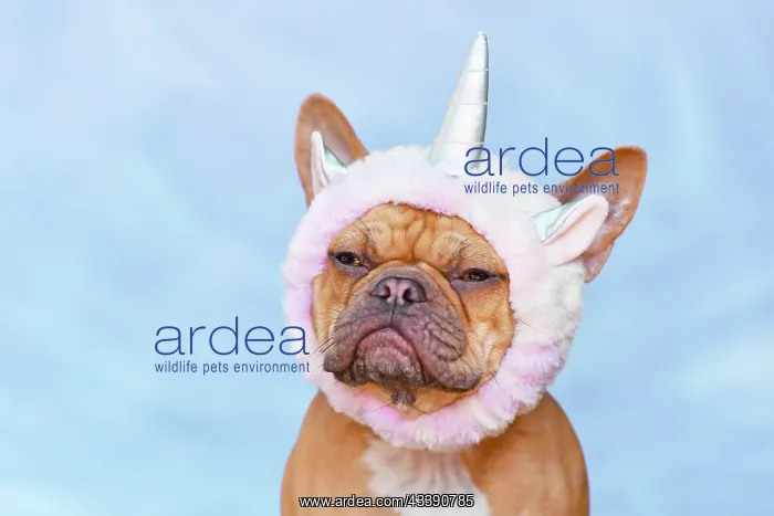  : Grumpy French Bulldog dog dressed up with unicorn