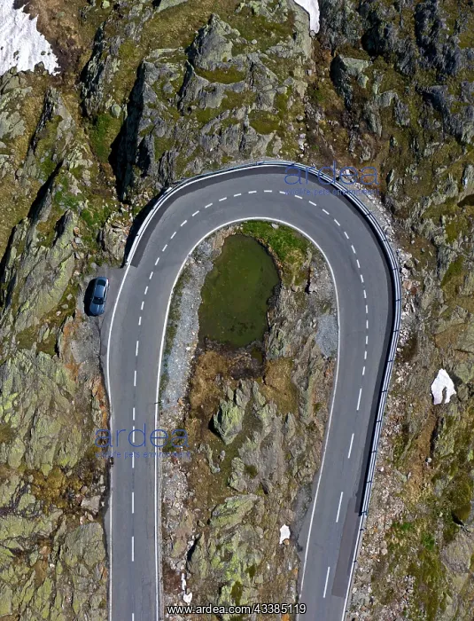 : Hairpin bend on the pass road to the Great St. Bernard Pass : Hairpin bend on the pass road to the Great St. Bernard Pass