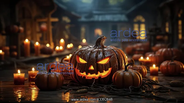 : Halloween pumpkins and candles on a house porch : Halloween pumpkins and candles on a house porch