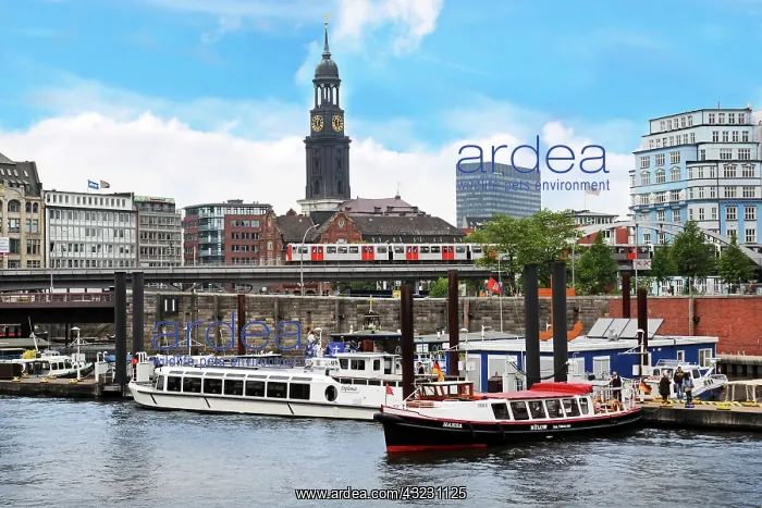: Hamburg, Germany, tour boats docked along : Hamburg, Germany, tour boats docked along