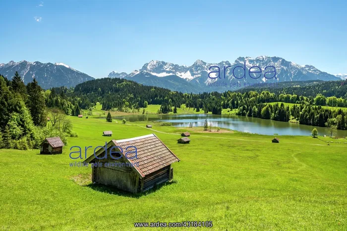 : Hay barn in a meadow at Geroldsee, view of Karwendel : Hay barn in a meadow at Geroldsee, view of Karwendel