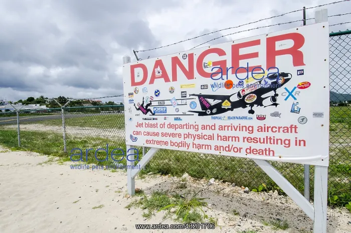 : Hazard warning sign, Saint Martin airport, West : Hazard warning sign, Saint Martin airport, West