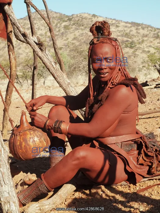 : Himba woman with the typical leather headdress : Himba woman with the typical leather headdress