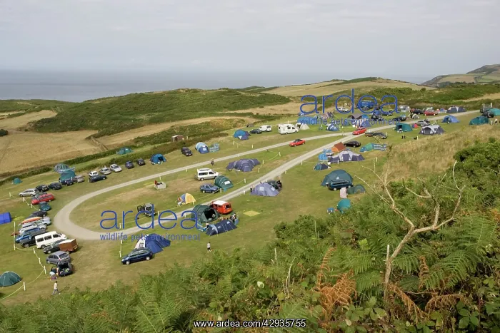 : Holiday tents and caravans on sloping fields on cliffs : Holiday tents and caravans on sloping fields on cliffs