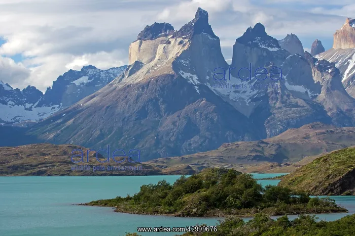 : The horns of Torres del Paine with Lake Pehoe : The horns of Torres del Paine with Lake Pehoe