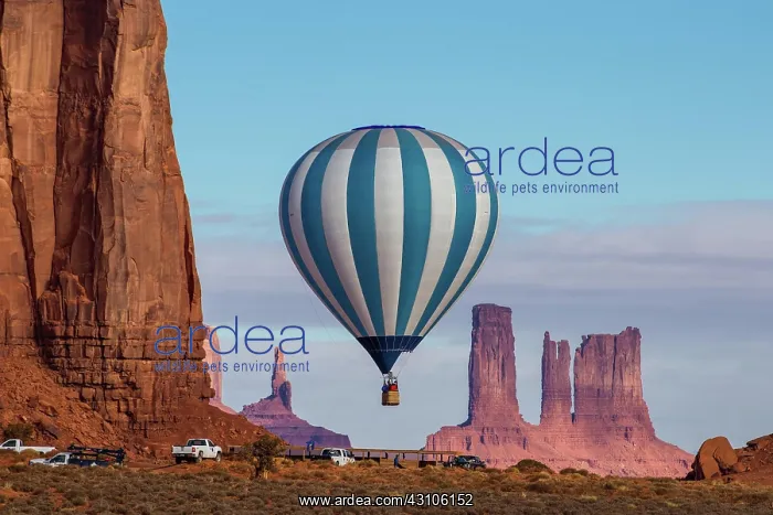 : A hot air balloon flying in front of the Utah Monuments : A hot air balloon flying in front of the Utah Monuments
