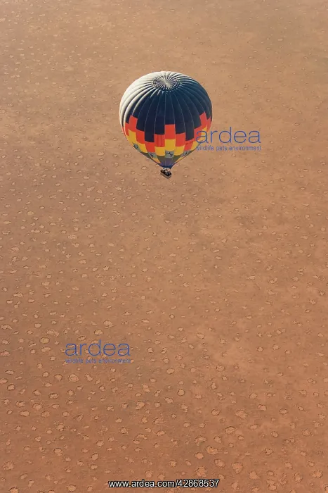 : Hot-air balloon above a sandy plain at the edge : Hot-air balloon above a sandy plain at the edge