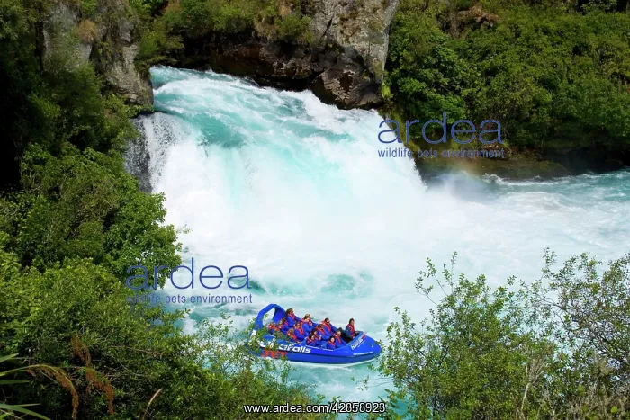: Huka Falls - Jetboat driving up to bottom of Huka Falls : Huka Falls - Jetboat driving up to bottom of Huka Falls