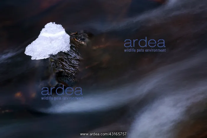: Iceblock on rock in fast flowing water : Iceblock on rock in fast flowing water