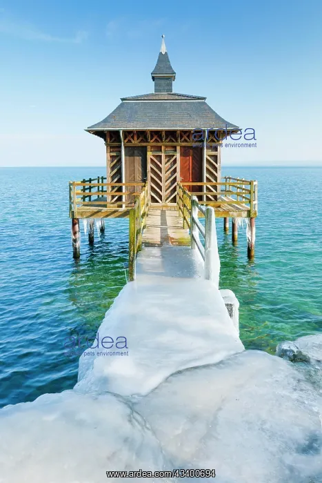 : Iced wooden bathhouse in sunshine and blue sky on : Iced wooden bathhouse in sunshine and blue sky on