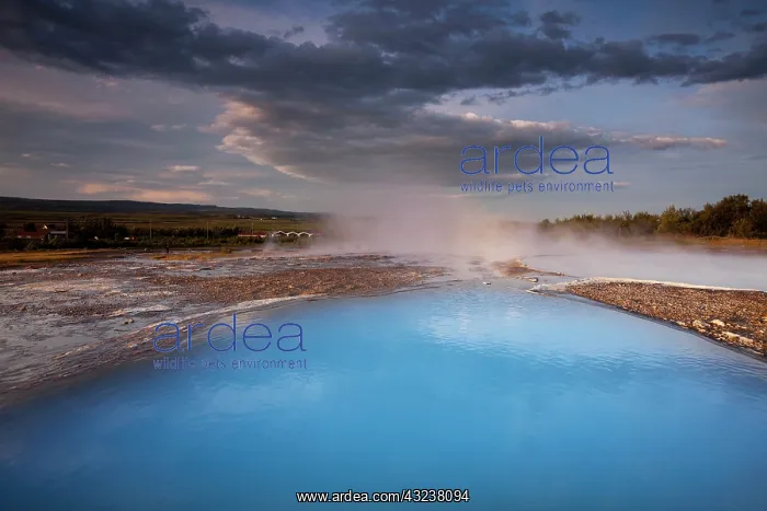 : Iceland, Geysir, Rising sun lights deep : Iceland, Geysir, Rising sun lights deep