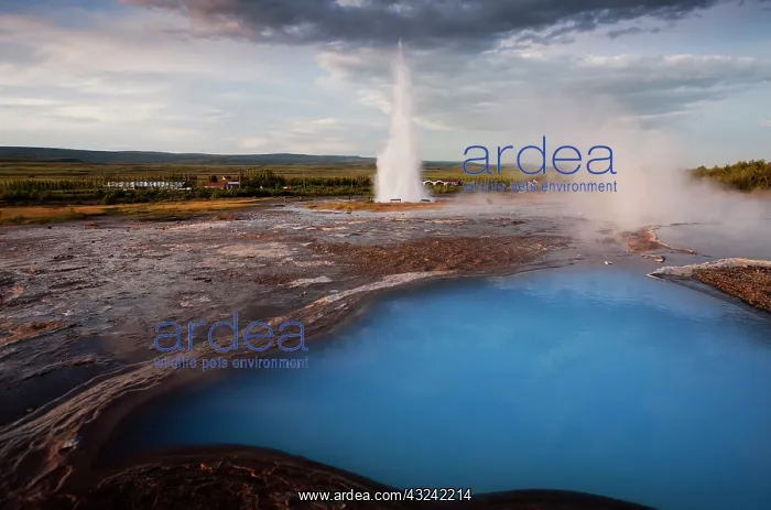 : Iceland, Geysir, Rising sun lights deep : Iceland, Geysir, Rising sun lights deep