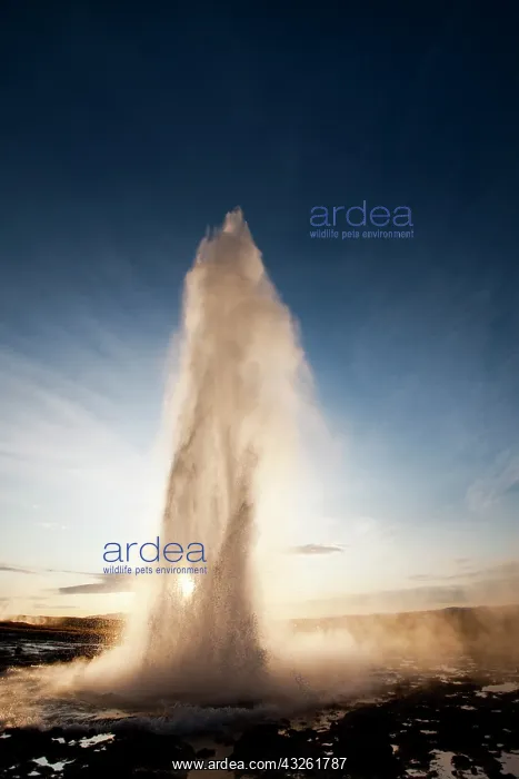 : Iceland, Geysir, Rising sun lights tower : Iceland, Geysir, Rising sun lights tower