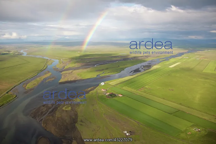 : Iceland, Reykjavik. Aerial of a double rainbow : Iceland, Reykjavik. Aerial of a double rainbow