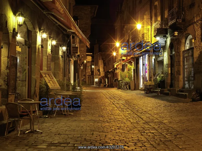 : Illuminated Old Town lane at night, with restaurants : Illuminated Old Town lane at night, with restaurants
