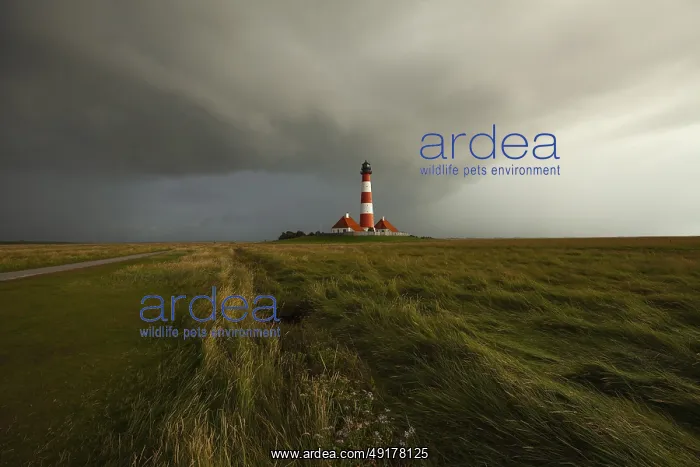 : Illuminated Westerheversand lighthouse on the North Sea under dark storm clouds : Illuminated Westerheversand lighthouse on the North Sea under dark storm clouds