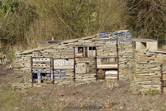 : Insect or bug hotel built of dry stone walling with : Insect or bug hotel built of dry stone walling with