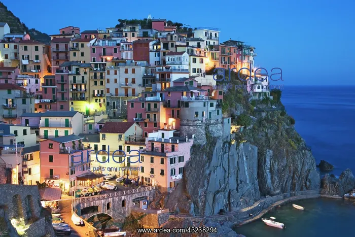 : Italy, Manarola. Dusk falls on a hillside : Italy, Manarola. Dusk falls on a hillside