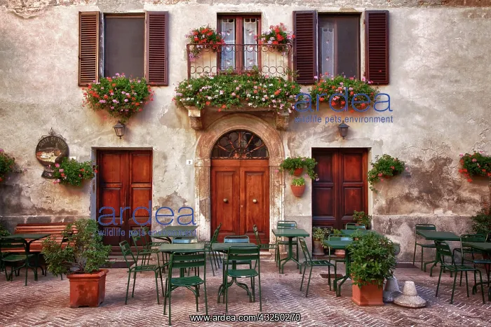 : Italy, Tuscany, Pienza. Tables and chairs set up : Italy, Tuscany, Pienza. Tables and chairs set up