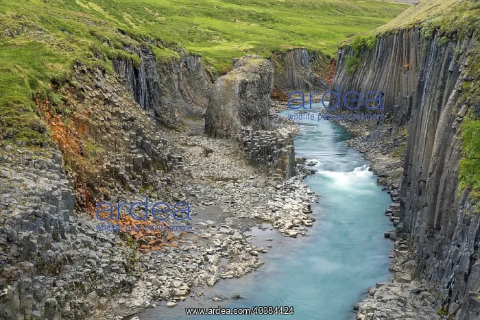 : Jnkla glacial river and basalt columns, volcanic rock format : Jnkla glacial river and basalt columns, volcanic rock format