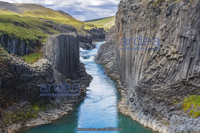 : Jnkla glacial river and basalt columns, volcanic rock format : Jnkla glacial river and basalt columns, volcanic rock format