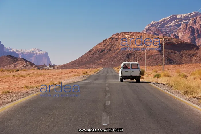 : Jordan, Wadi Rum, desert road to the village : Jordan, Wadi Rum, desert road to the village