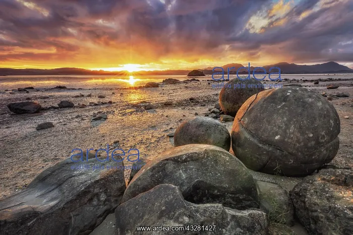 : Koutu Boulders with sun star at sunset, Opononi : Koutu Boulders with sun star at sunset, Opononi