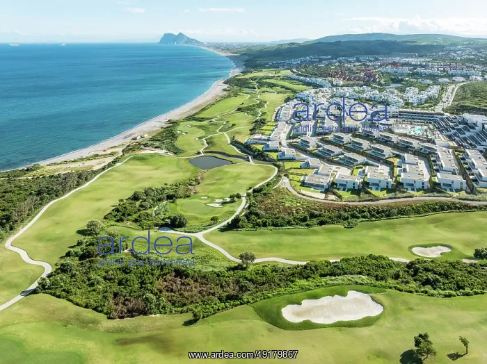 : The La Hacienda Links Golf Resort at the Mediterranean Sea with the Rock of Gibraltar (British) in the distance : The La Hacienda Links Golf Resort at the Mediterranean Sea with the Rock of Gibraltar (British) in the distance