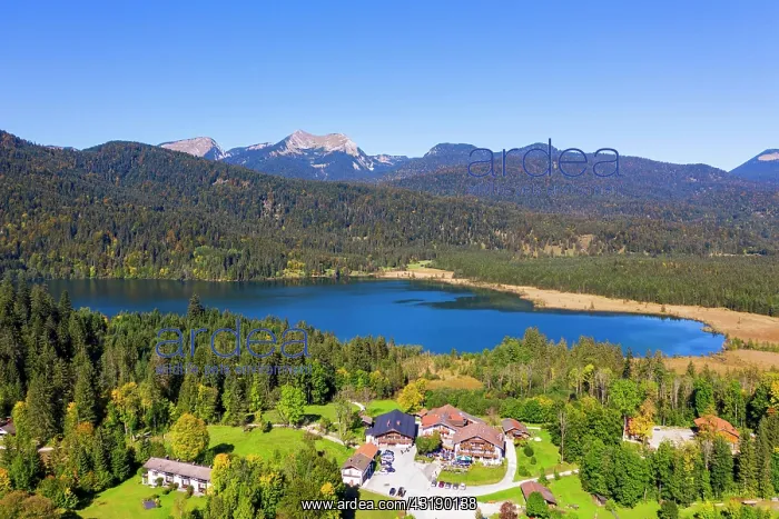 : Lake Barmsee with alpine inn near Krun, mountains : Lake Barmsee with alpine inn near Krun, mountains