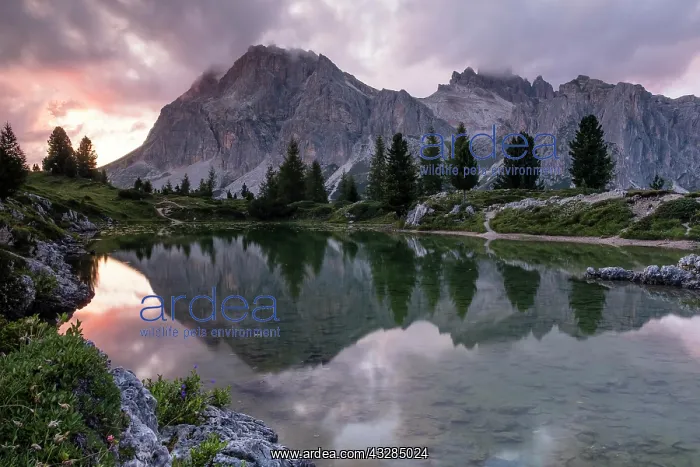 : Lake Lago de Limides and Lagazuoi, with water reflection : Lake Lago de Limides and Lagazuoi, with water reflection