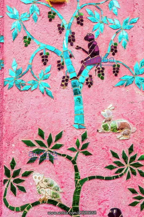 : Laos, Luang Prabang. Mosaic mural depicting a monkey : Laos, Luang Prabang. Mosaic mural depicting a monkey